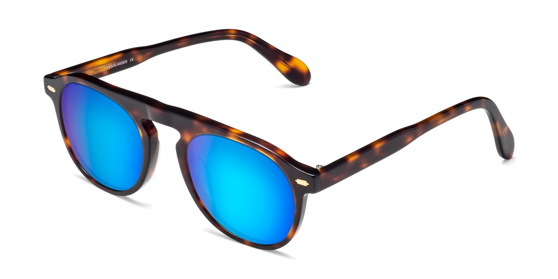 Angle of Mufasa in Tortoise with Blue Mirrored Lenses
