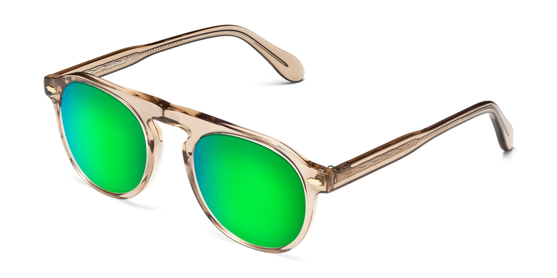 Angle of Mufasa in light Brown with Green Mirrored Lenses