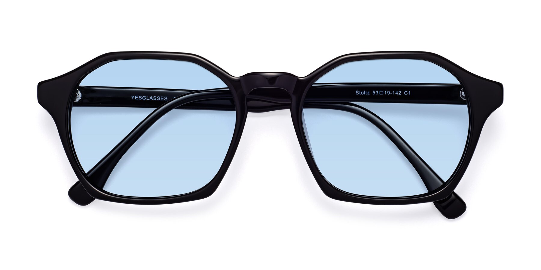Folded Front of Stoltz in Black with Light Blue Tinted Lenses