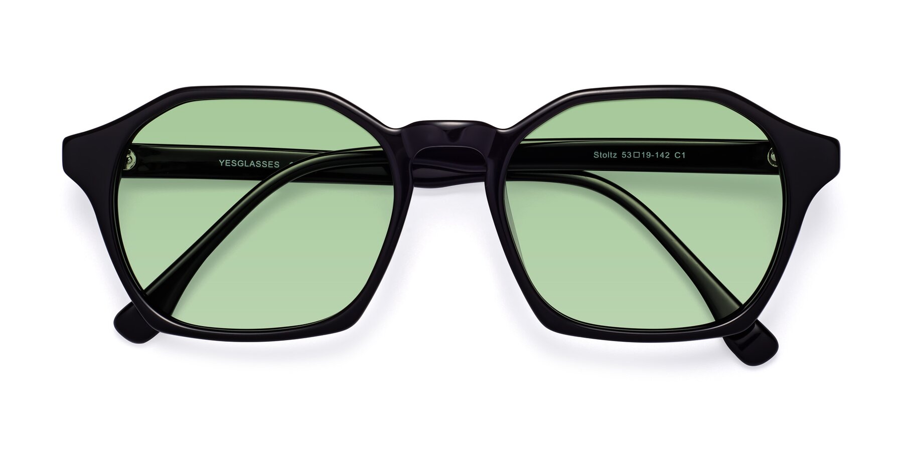 Folded Front of Stoltz in Black with Medium Green Tinted Lenses