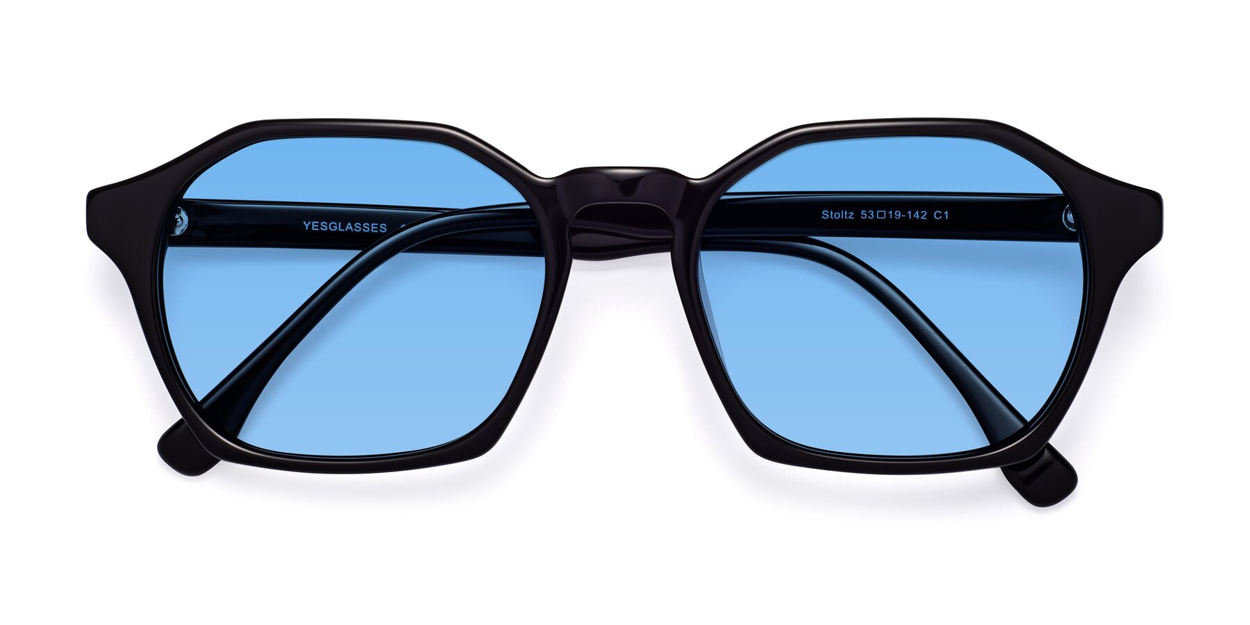 Folded Front of Stoltz in Black with Medium Blue Tinted Lenses