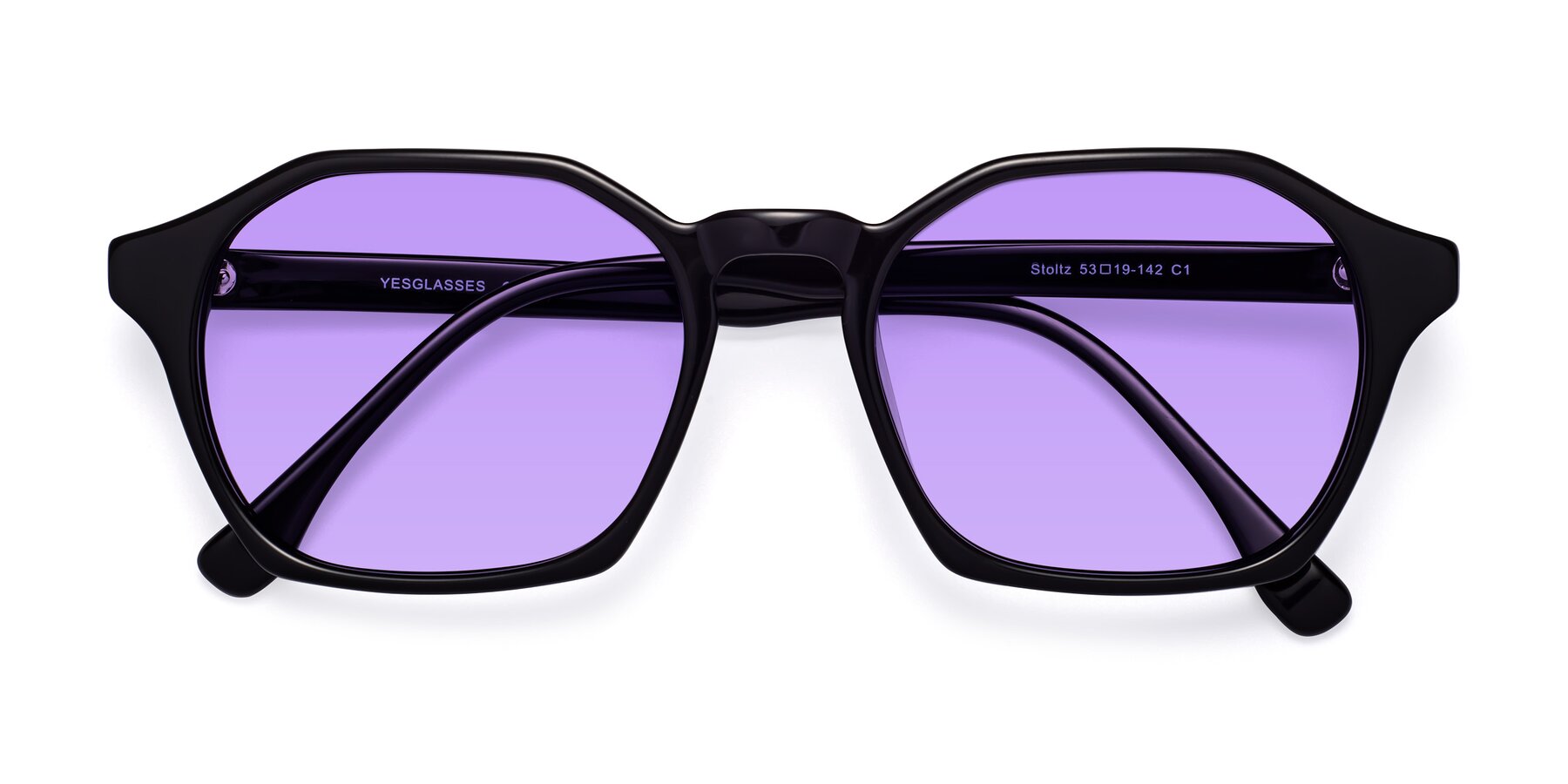 Folded Front of Stoltz in Black with Medium Purple Tinted Lenses