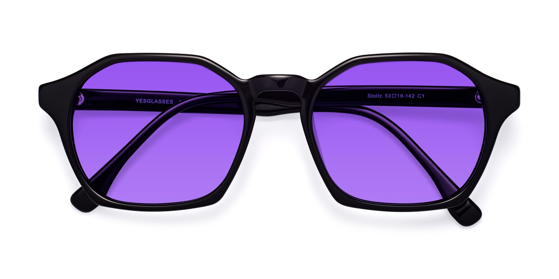 Folded Front of Stoltz in Black with Purple Tinted Lenses