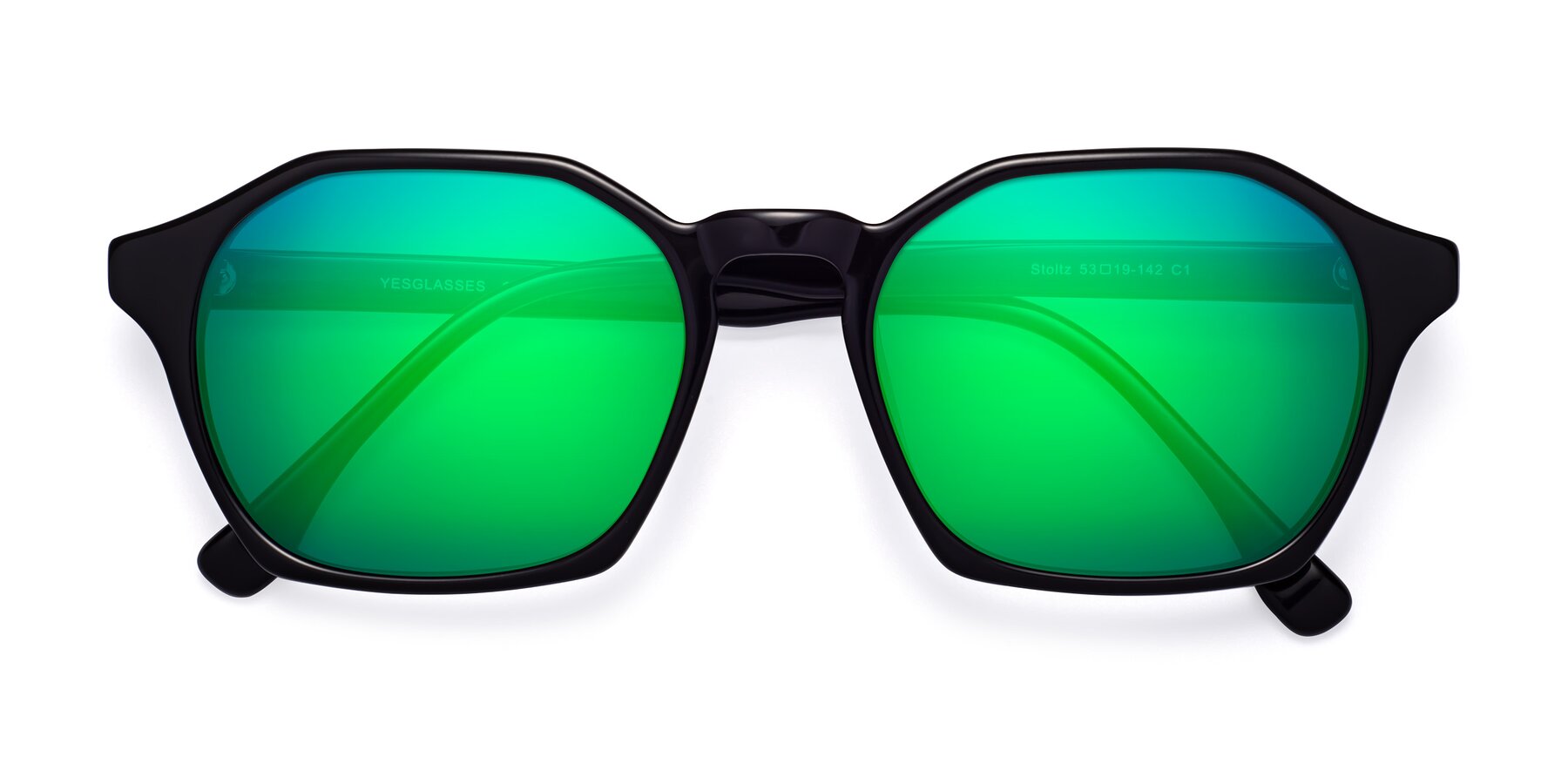 Folded Front of Stoltz in Black with Green Mirrored Lenses