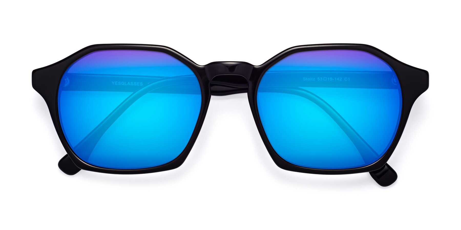 Folded Front of Stoltz in Black with Blue Mirrored Lenses