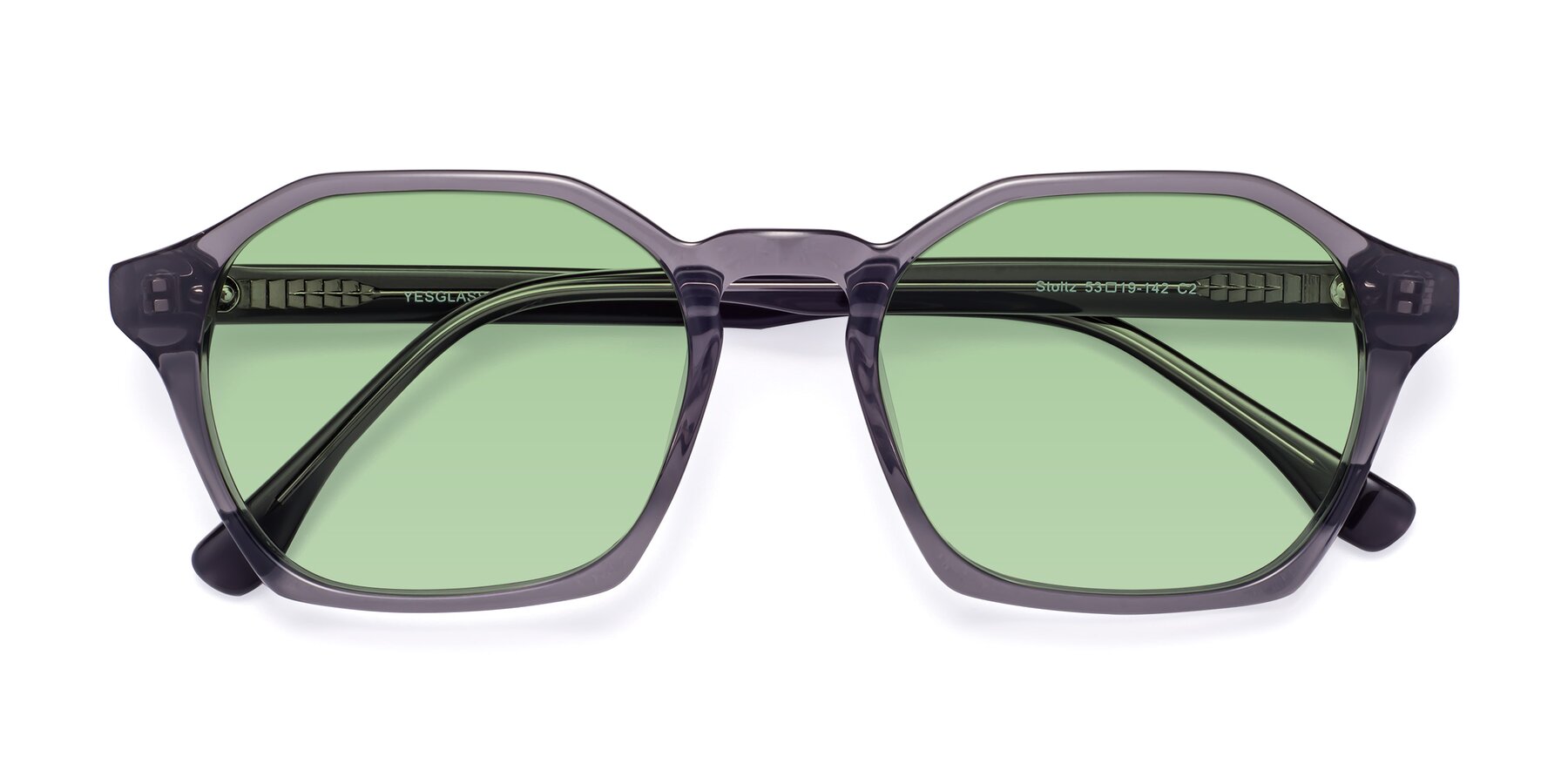Folded Front of Stoltz in Translucent Gray with Medium Green Tinted Lenses