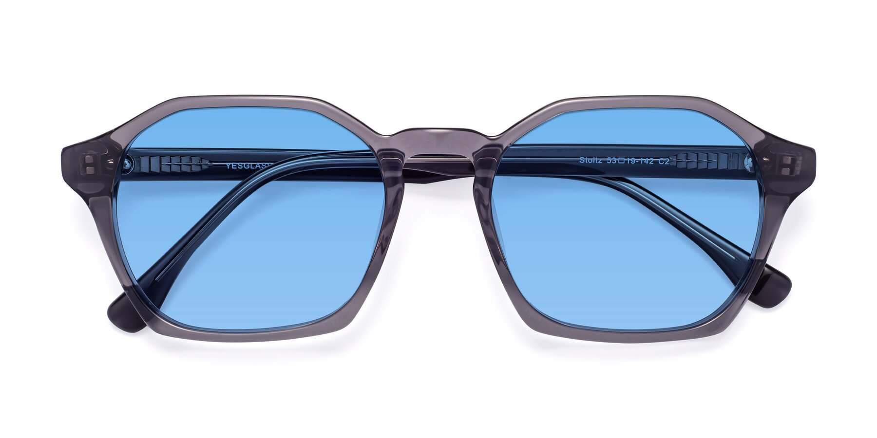 Folded Front of Stoltz in Translucent Gray with Medium Blue Tinted Lenses