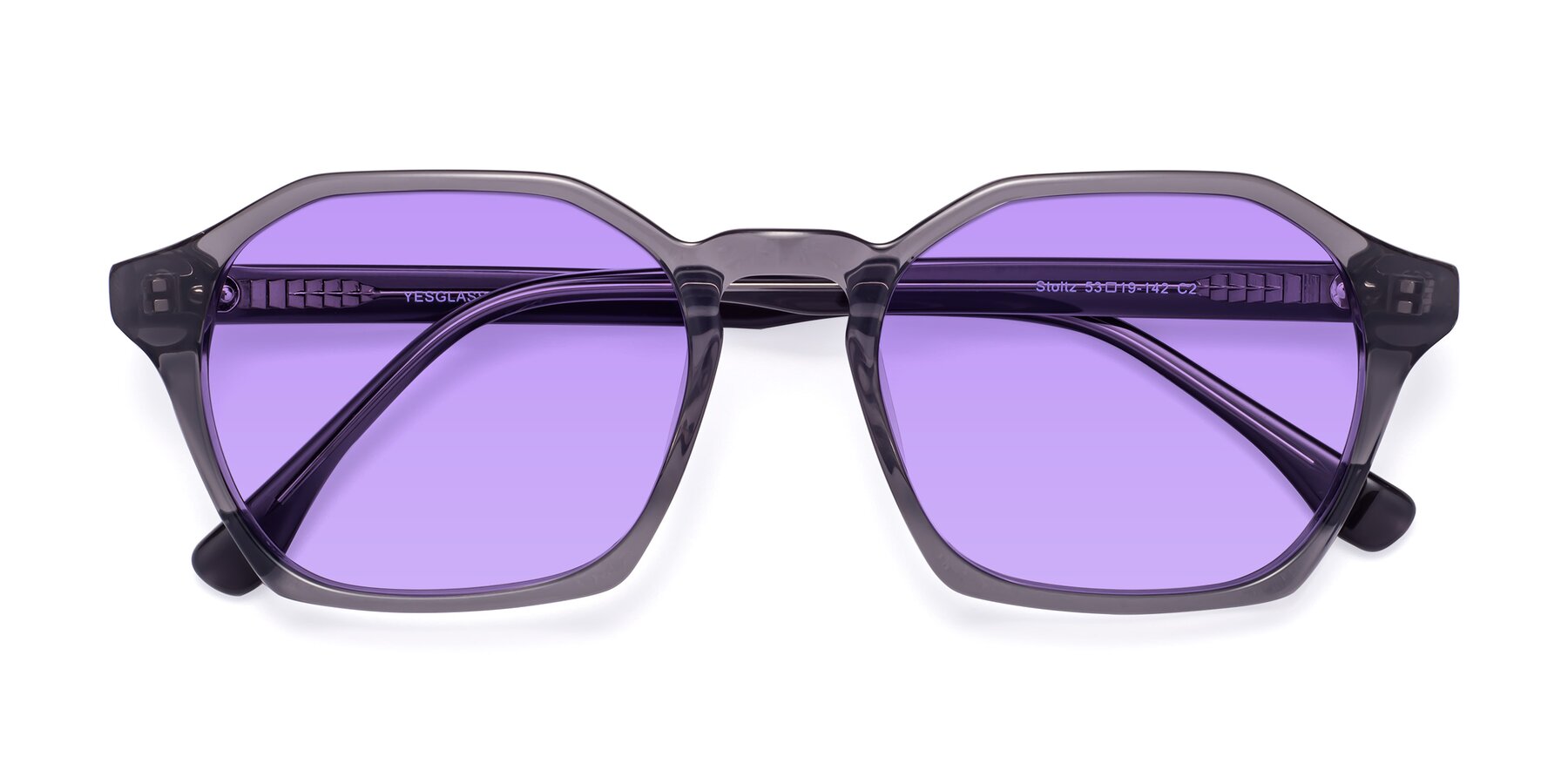Folded Front of Stoltz in Translucent Gray with Medium Purple Tinted Lenses