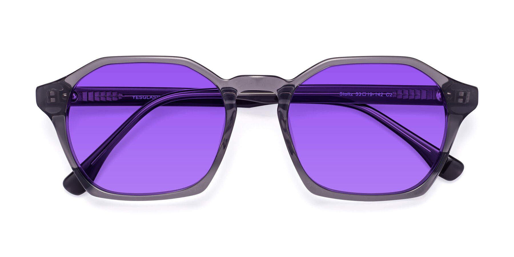 Folded Front of Stoltz in Translucent Gray with Purple Tinted Lenses