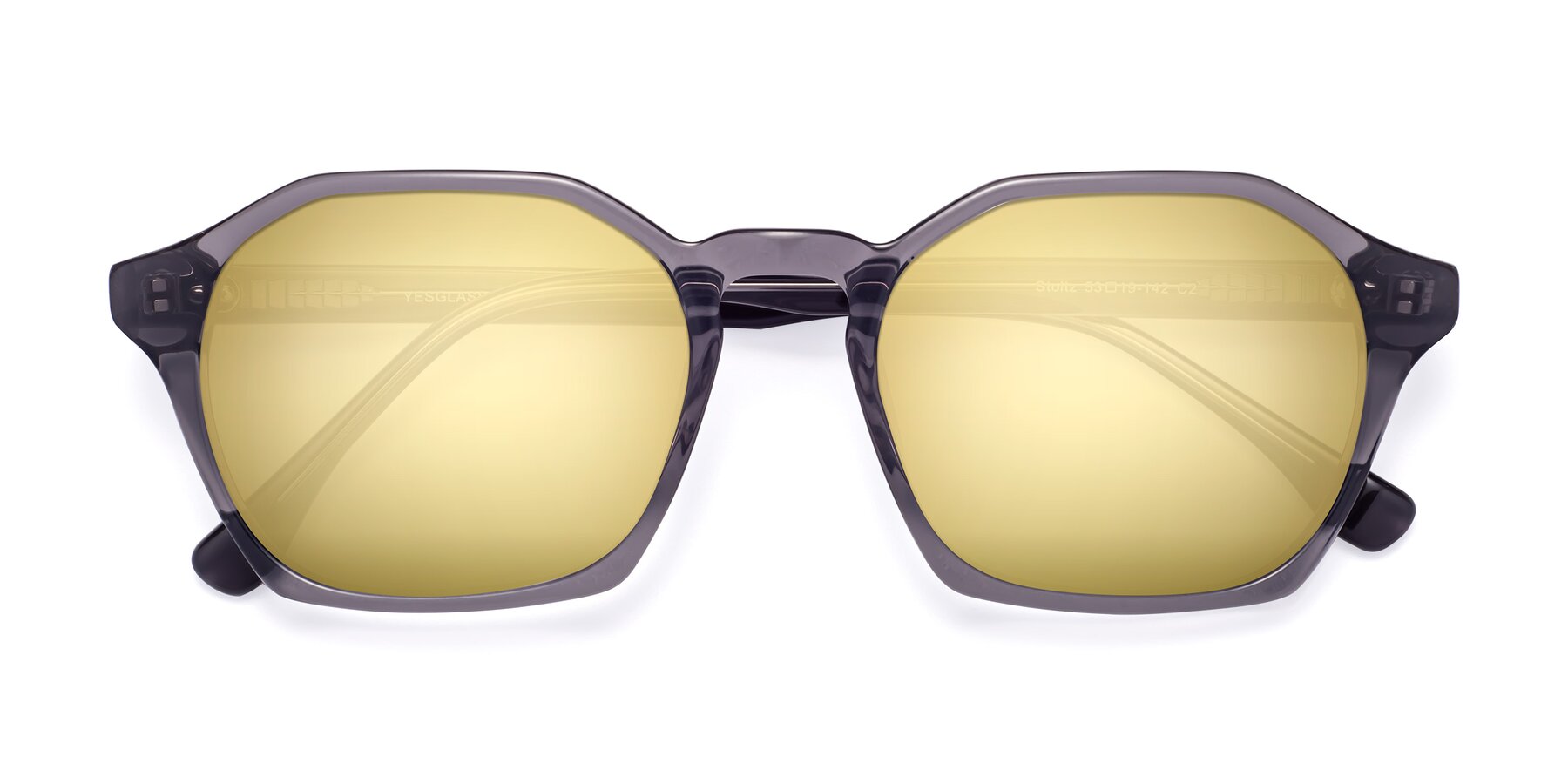 Folded Front of Stoltz in Translucent Gray with Gold Mirrored Lenses
