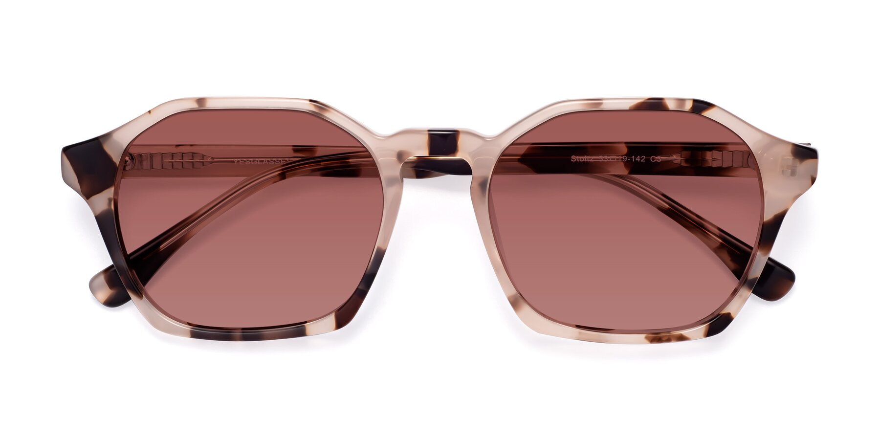 Folded Front of Stoltz in Ivory Tortoise with Garnet Tinted Lenses