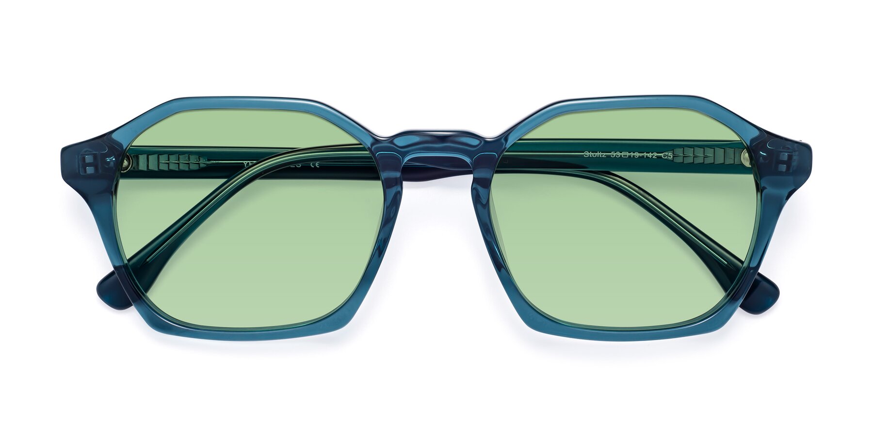 Folded Front of Stoltz in Ink Blue with Medium Green Tinted Lenses