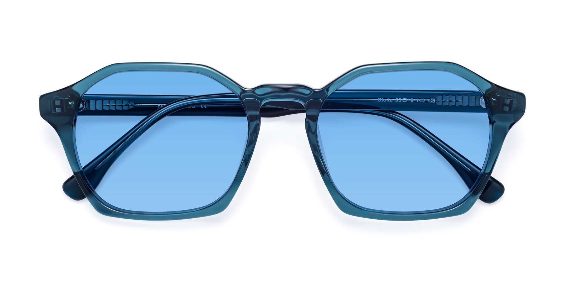 Folded Front of Stoltz in Ink Blue with Medium Blue Tinted Lenses