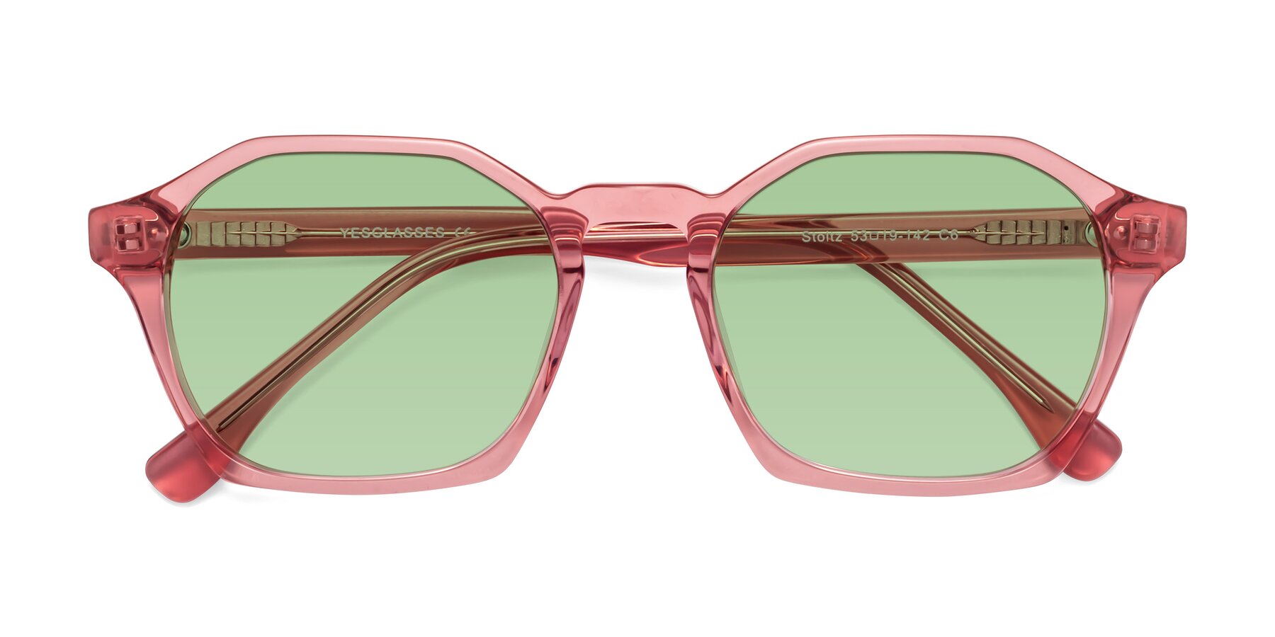 Folded Front of Stoltz in Pink with Medium Green Tinted Lenses