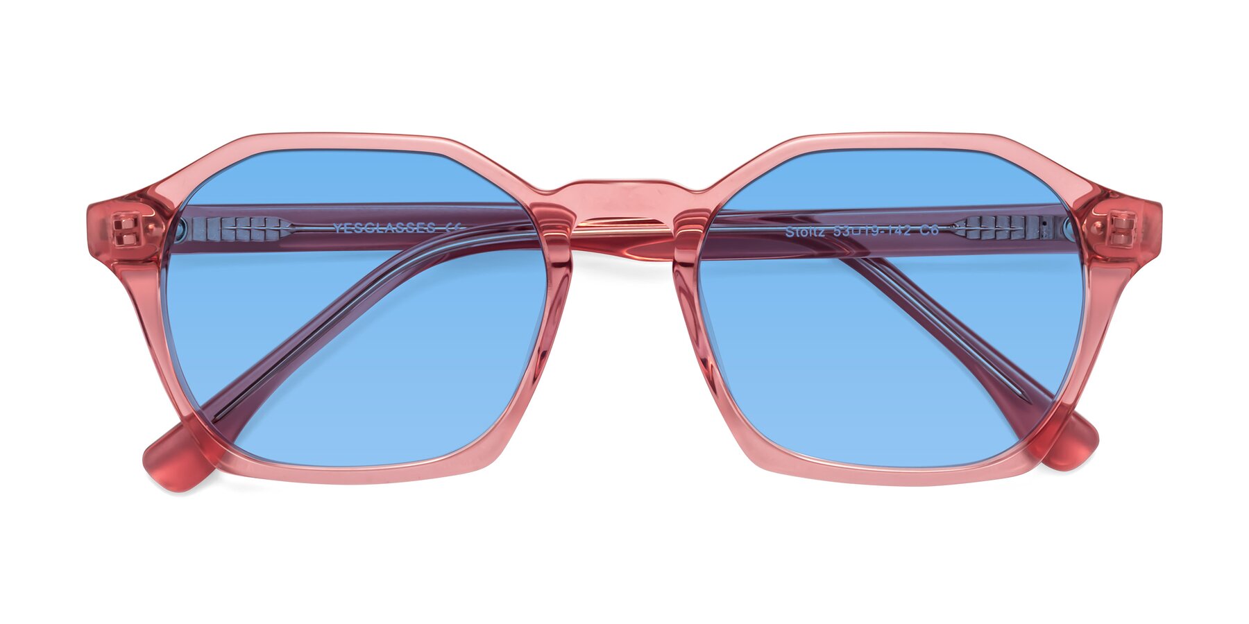 Folded Front of Stoltz in Pink with Medium Blue Tinted Lenses