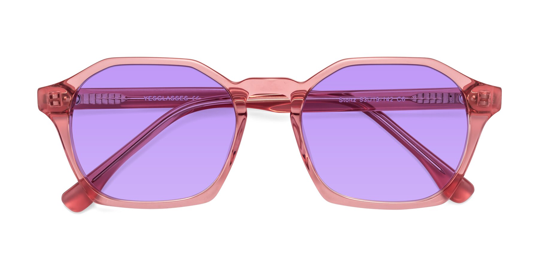 Folded Front of Stoltz in Pink with Medium Purple Tinted Lenses