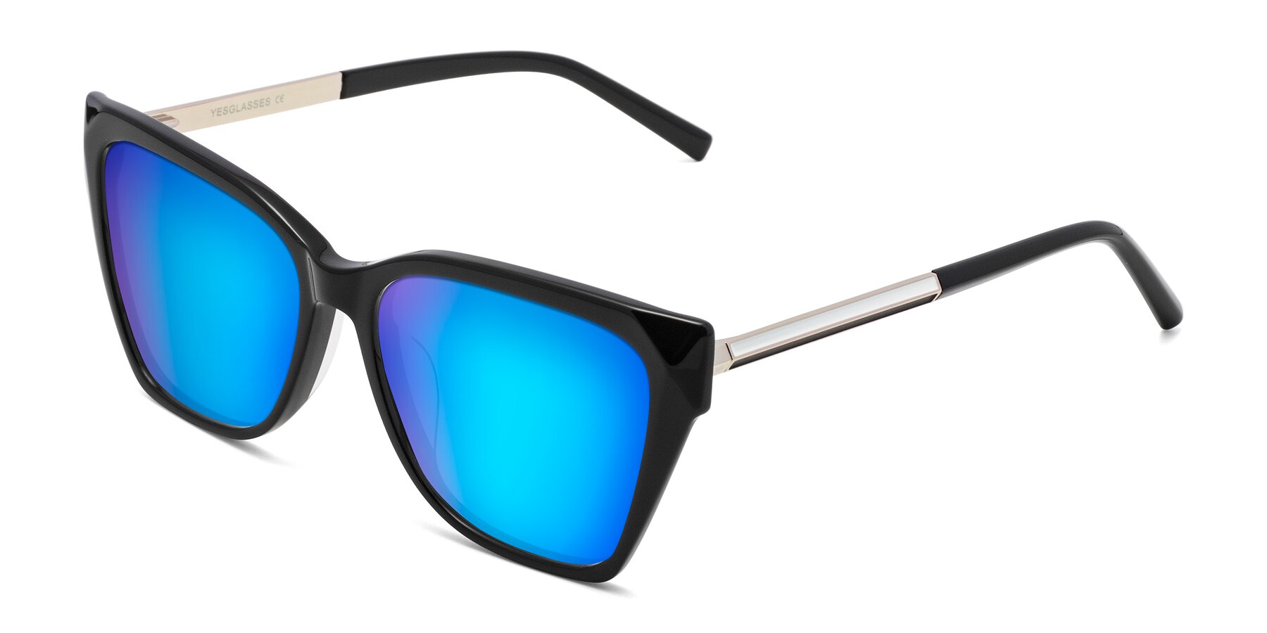 Angle of Swartz in Black with Blue Mirrored Lenses