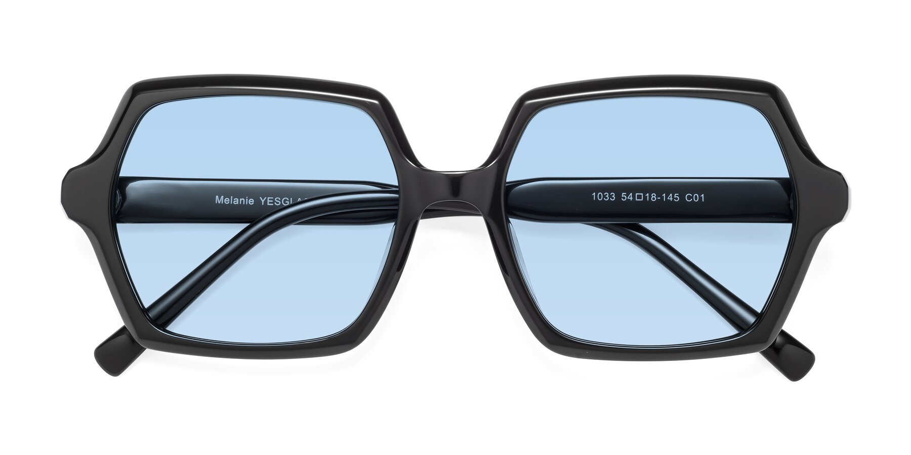 Folded Front of Melanie in Black with Light Blue Tinted Lenses