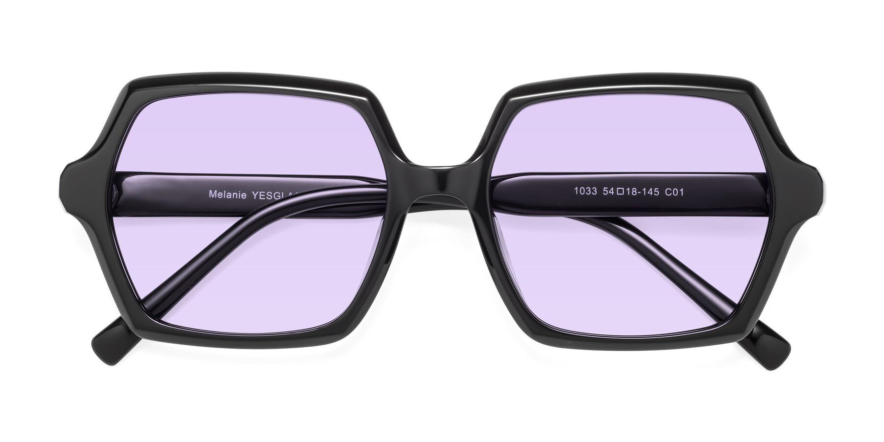 Folded Front of Melanie in Black with Light Purple Tinted Lenses