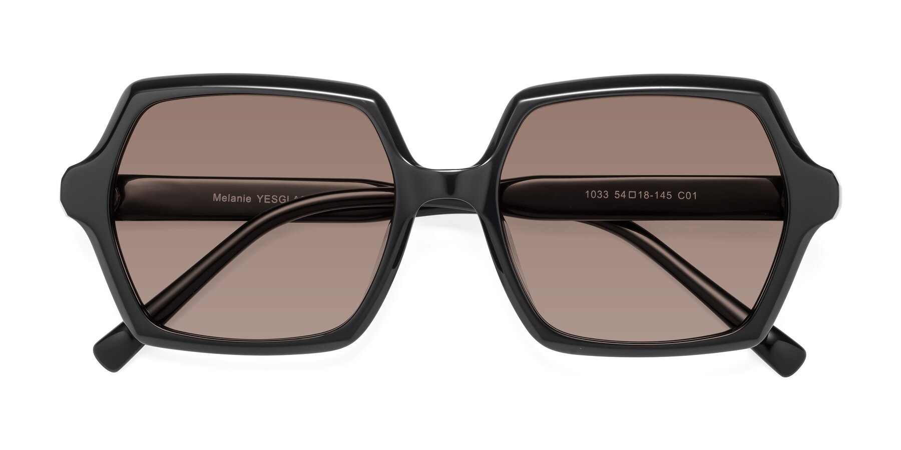 Folded Front of Melanie in Black with Medium Brown Tinted Lenses