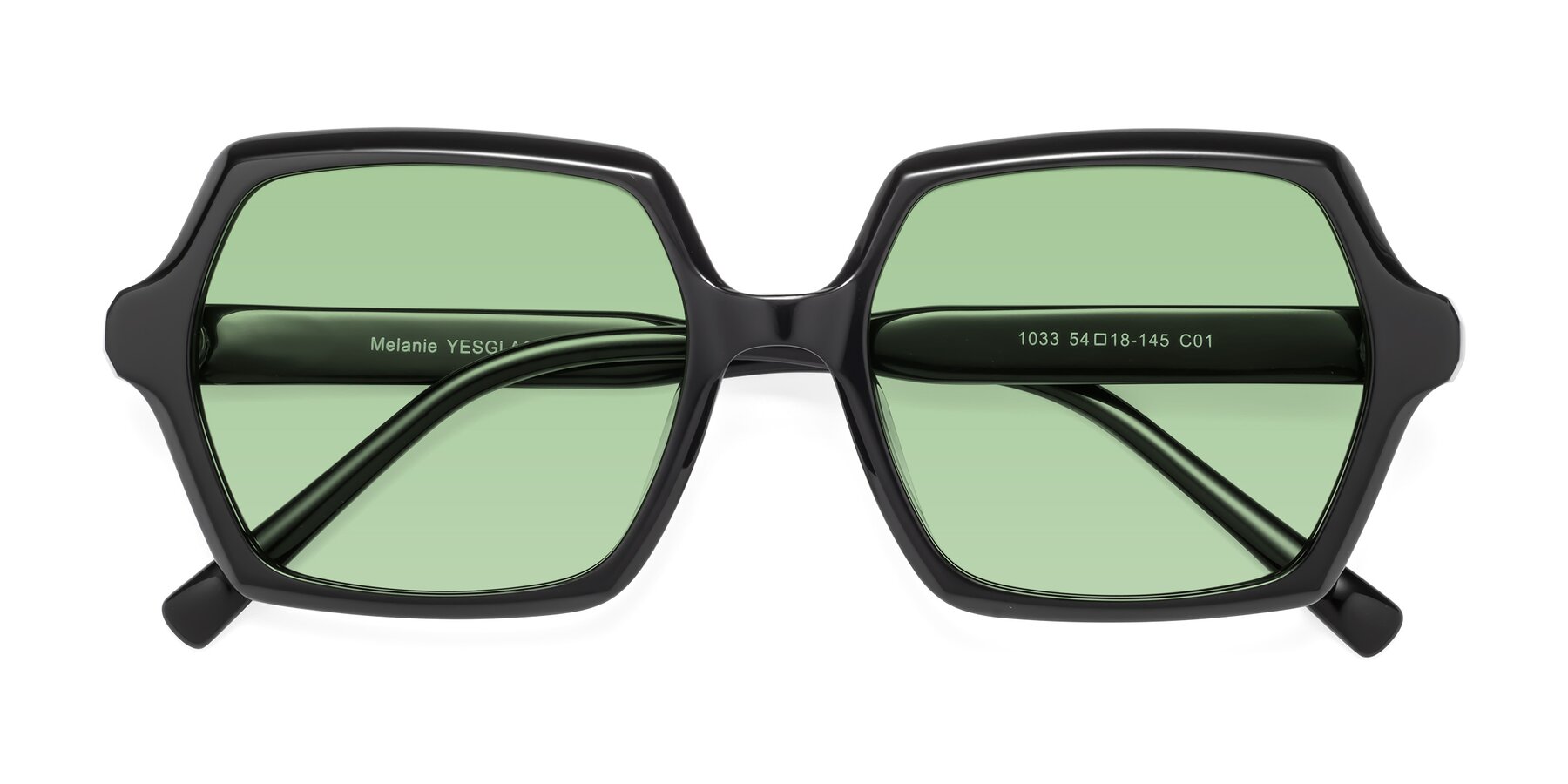 Folded Front of Melanie in Black with Medium Green Tinted Lenses