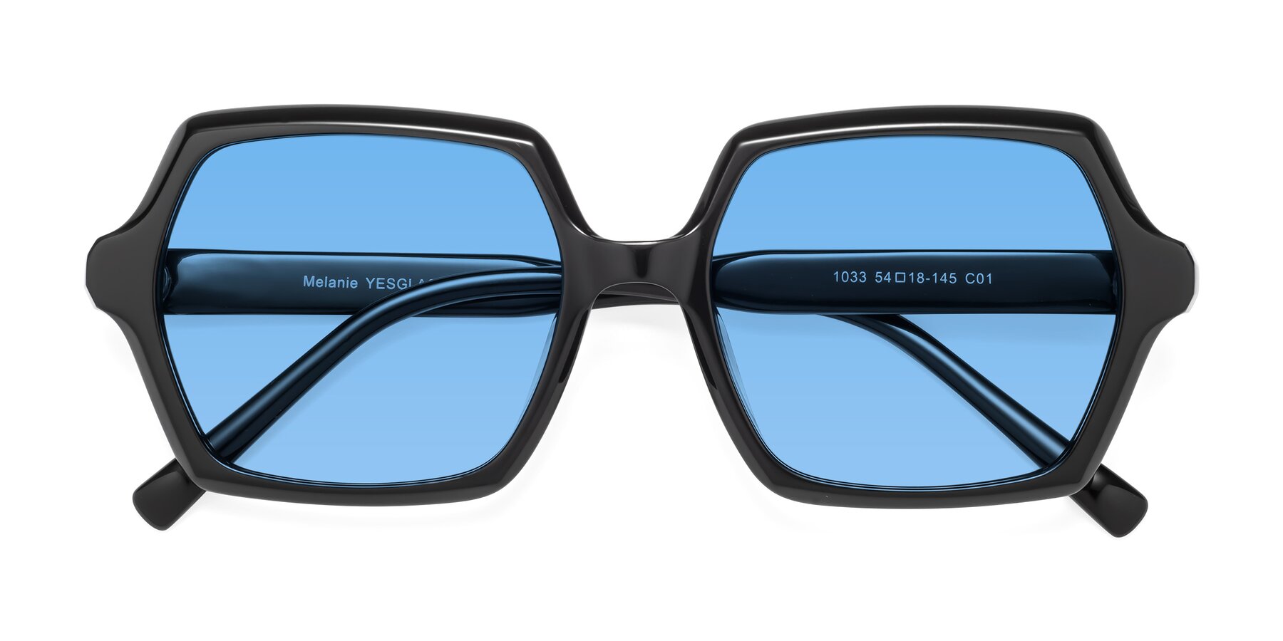 Folded Front of Melanie in Black with Medium Blue Tinted Lenses