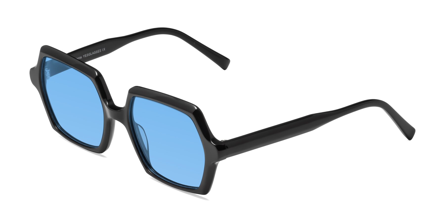 Angle of Melanie in Black with Medium Blue Tinted Lenses