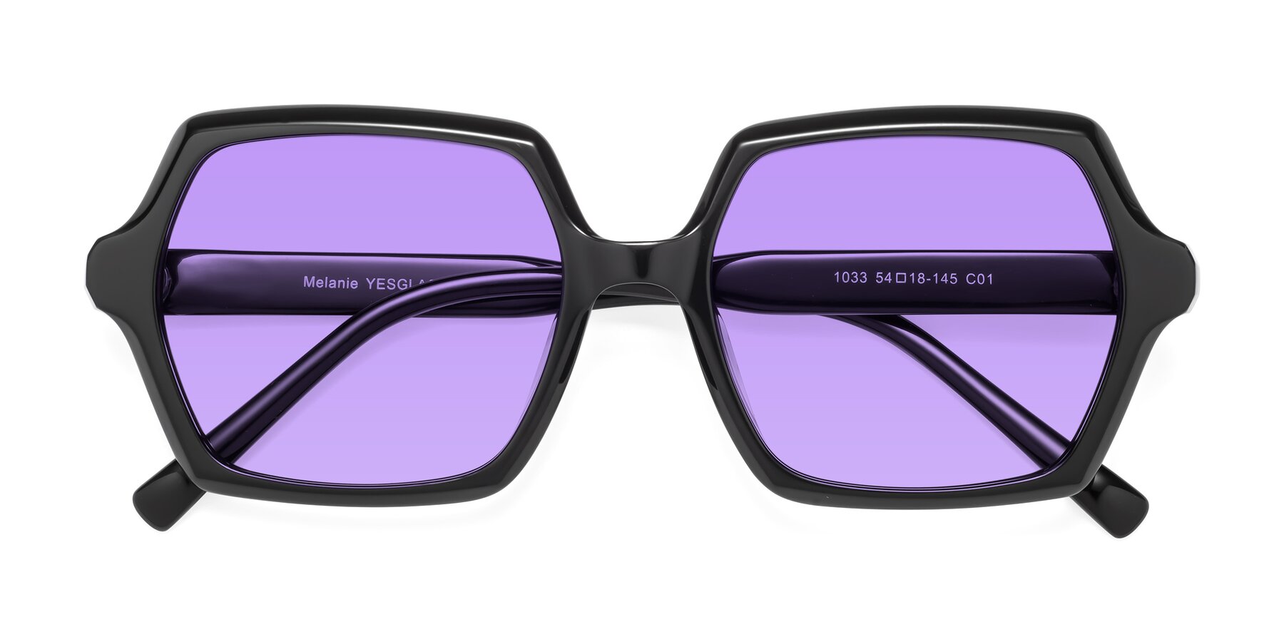 Folded Front of Melanie in Black with Medium Purple Tinted Lenses