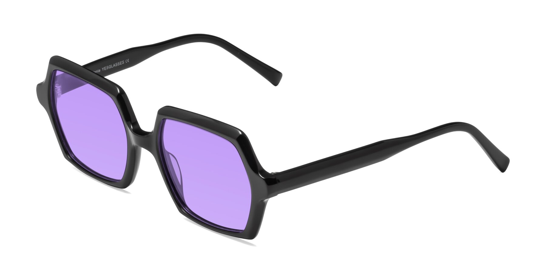 Angle of Melanie in Black with Medium Purple Tinted Lenses
