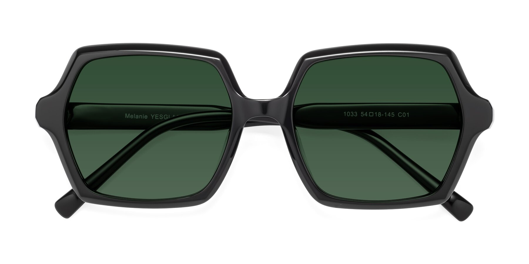 Folded Front of Melanie in Black with Green Tinted Lenses