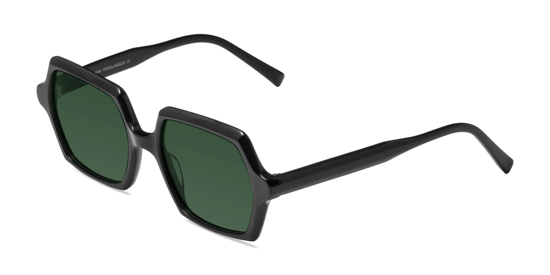 Angle of Melanie in Black with Green Tinted Lenses