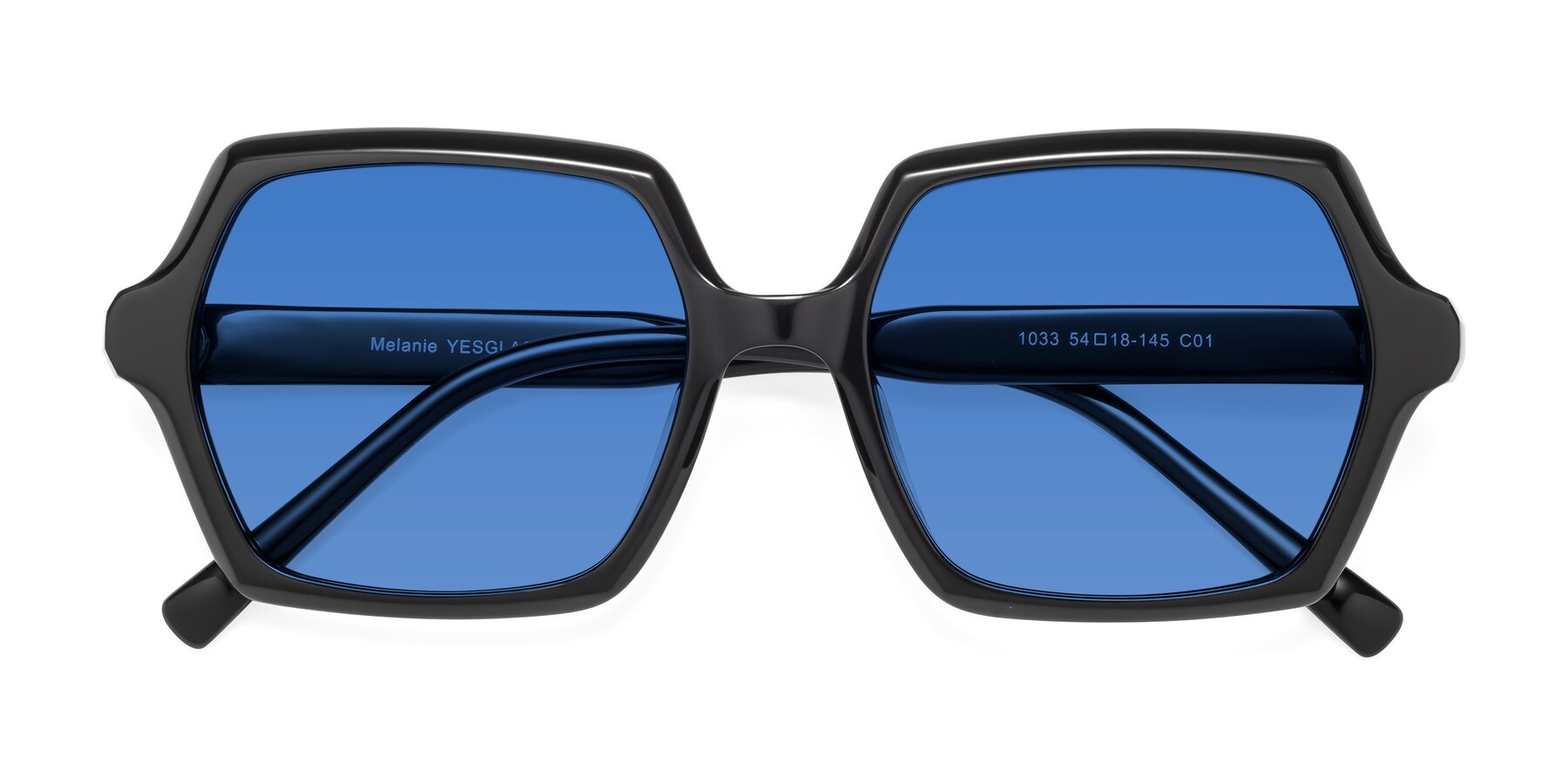 Folded Front of Melanie in Black with Blue Tinted Lenses