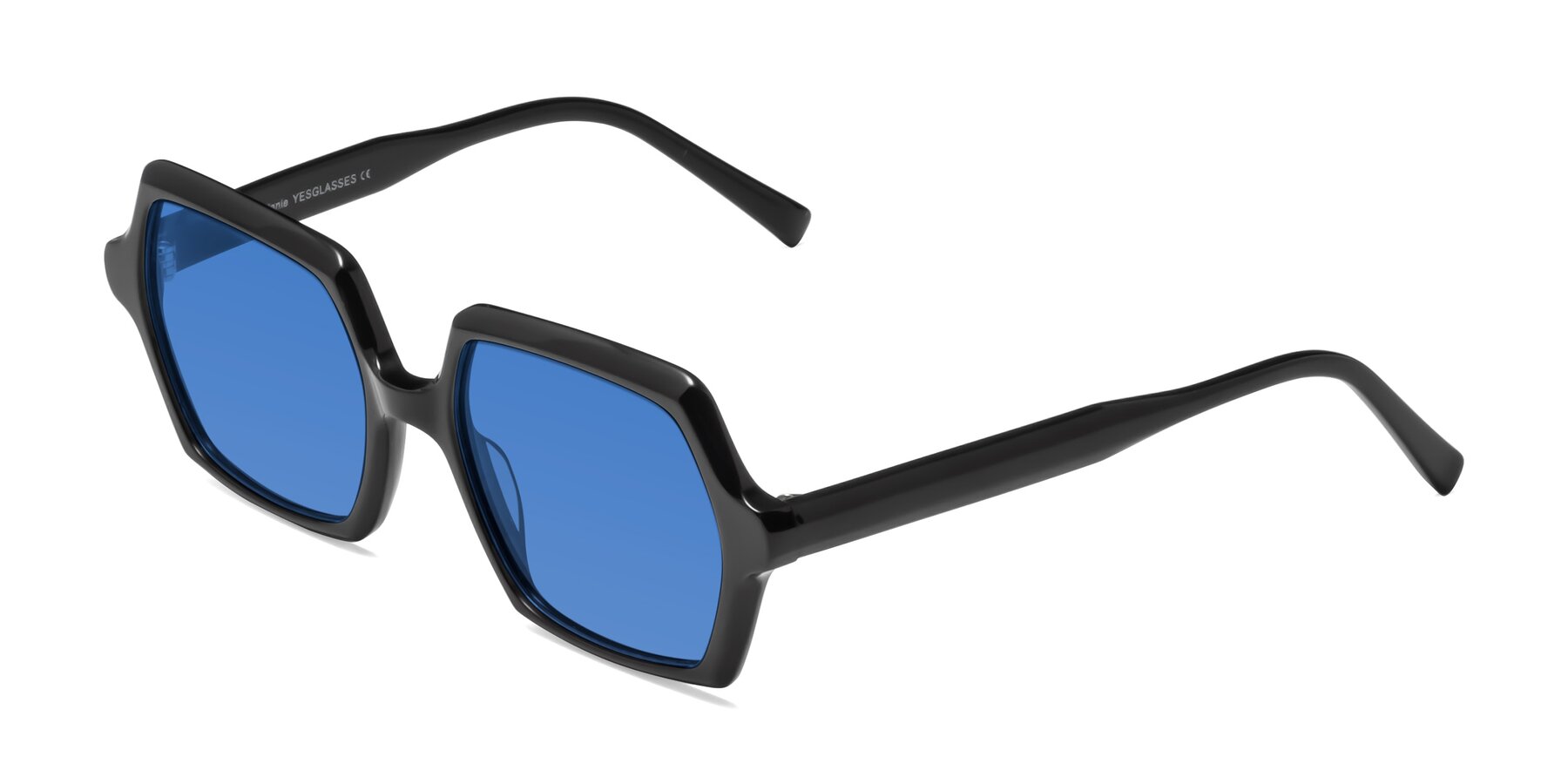 Angle of Melanie in Black with Blue Tinted Lenses