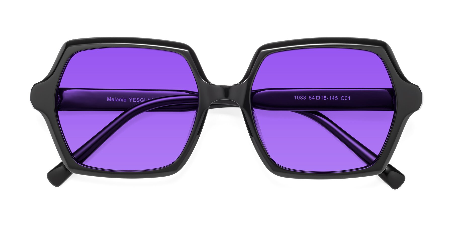 Folded Front of Melanie in Black with Purple Tinted Lenses