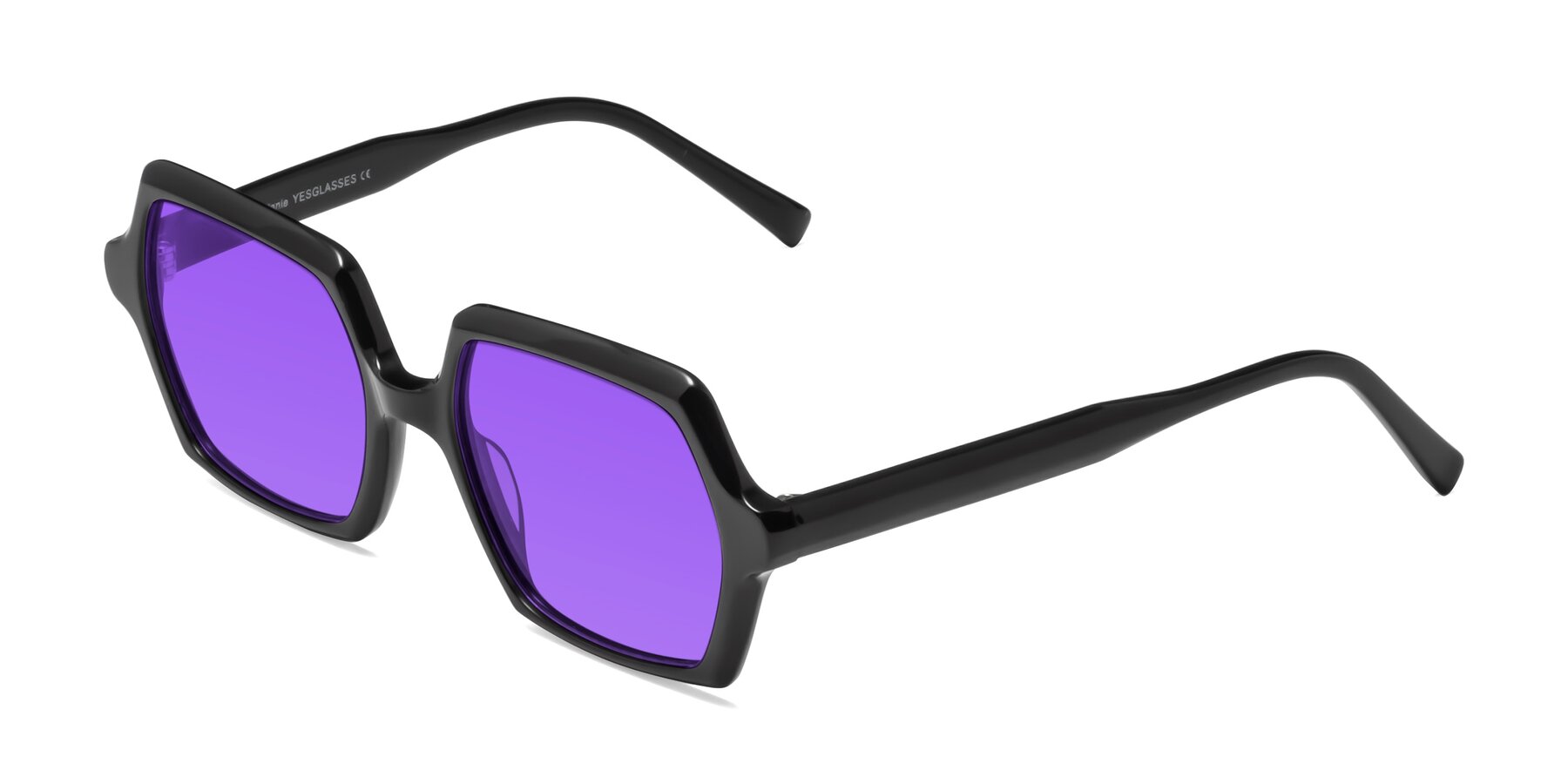 Angle of Melanie in Black with Purple Tinted Lenses
