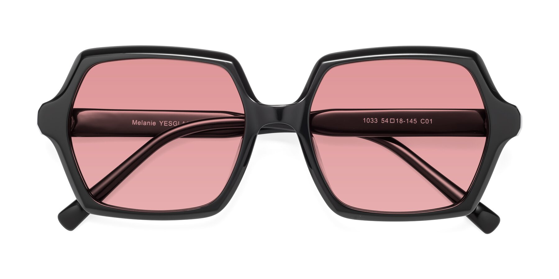 Folded Front of Melanie in Black with Medium Garnet Tinted Lenses