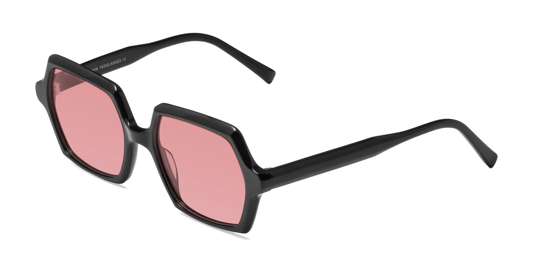 Angle of Melanie in Black with Medium Garnet Tinted Lenses