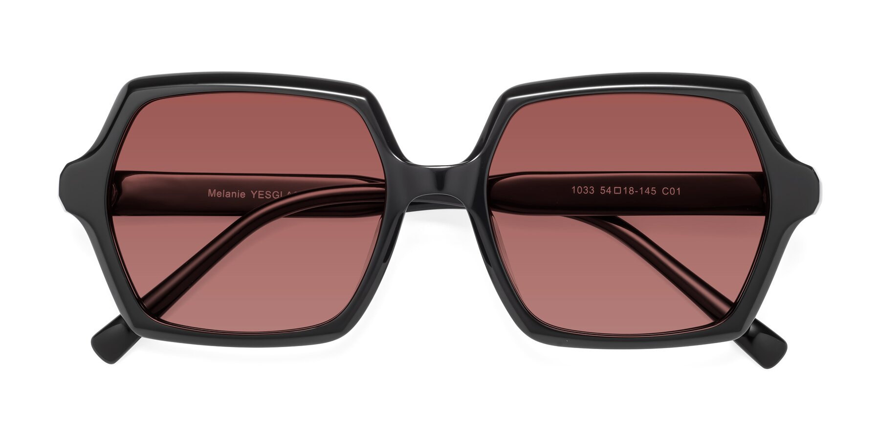 Folded Front of Melanie in Black with Garnet Tinted Lenses