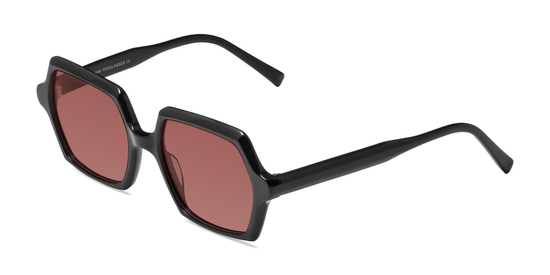 Angle of Melanie in Black with Garnet Tinted Lenses