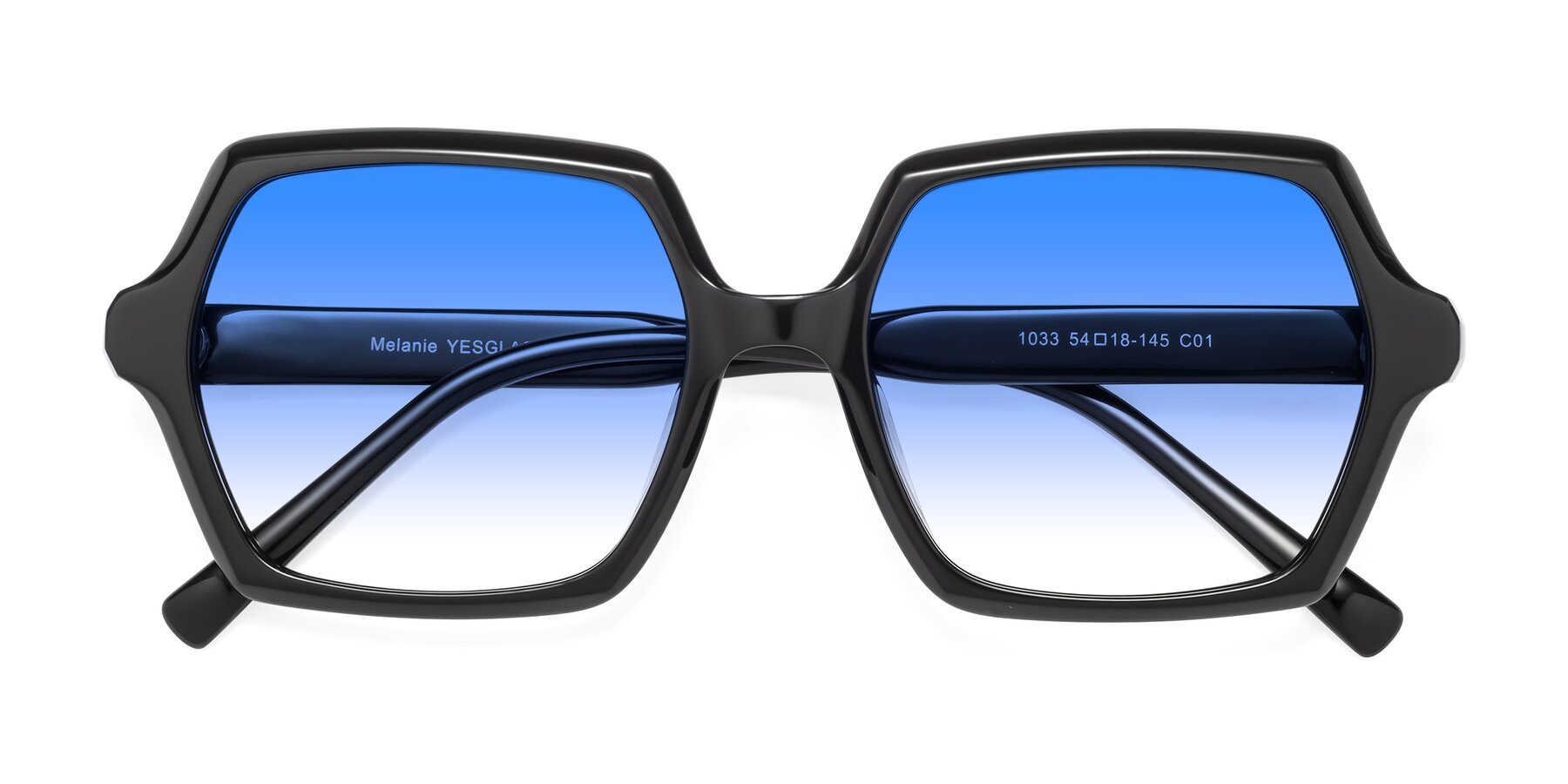 Folded Front of Melanie in Black with Blue Gradient Lenses