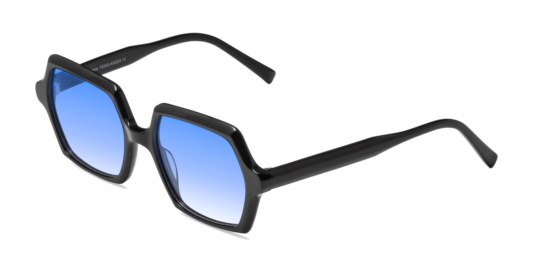 Angle of Melanie in Black with Blue Gradient Lenses