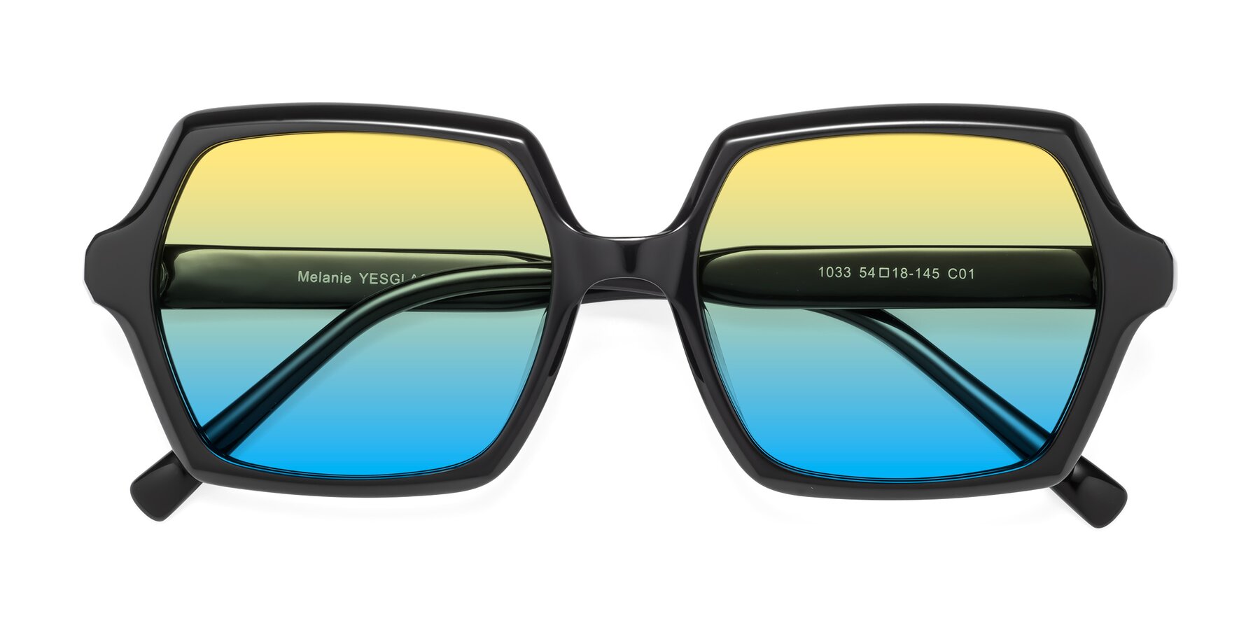 Folded Front of Melanie in Black with Yellow / Blue Gradient Lenses