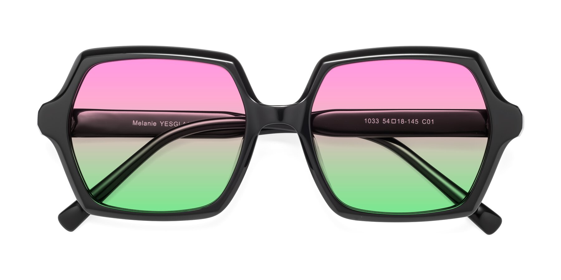 Folded Front of Melanie in Black with Pink / Green Gradient Lenses