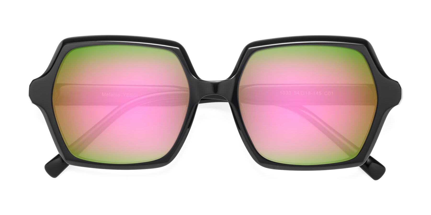 Folded Front of Melanie in Black with Pink Mirrored Lenses
