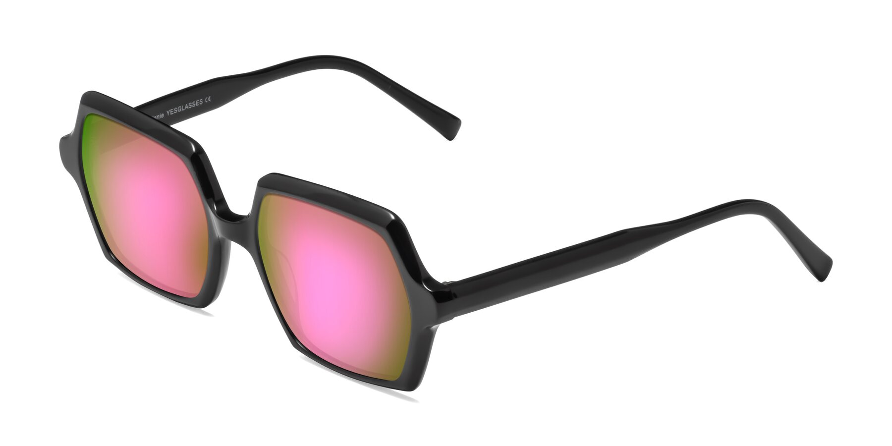 Angle of Melanie in Black with Pink Mirrored Lenses