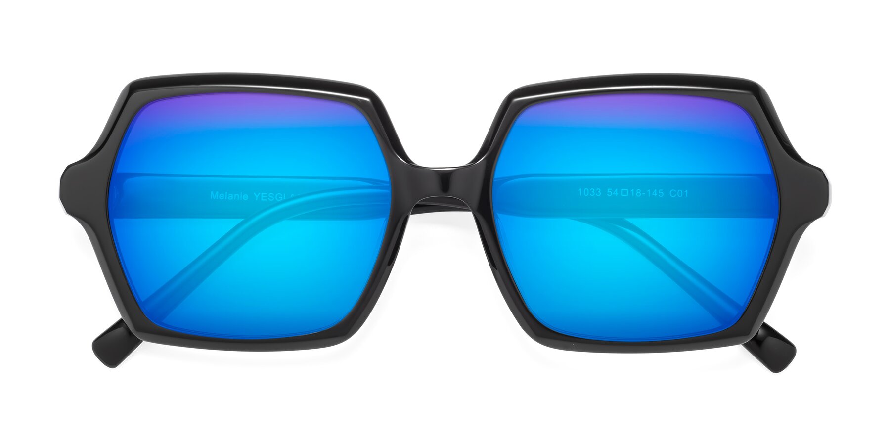 Folded Front of Melanie in Black with Blue Mirrored Lenses