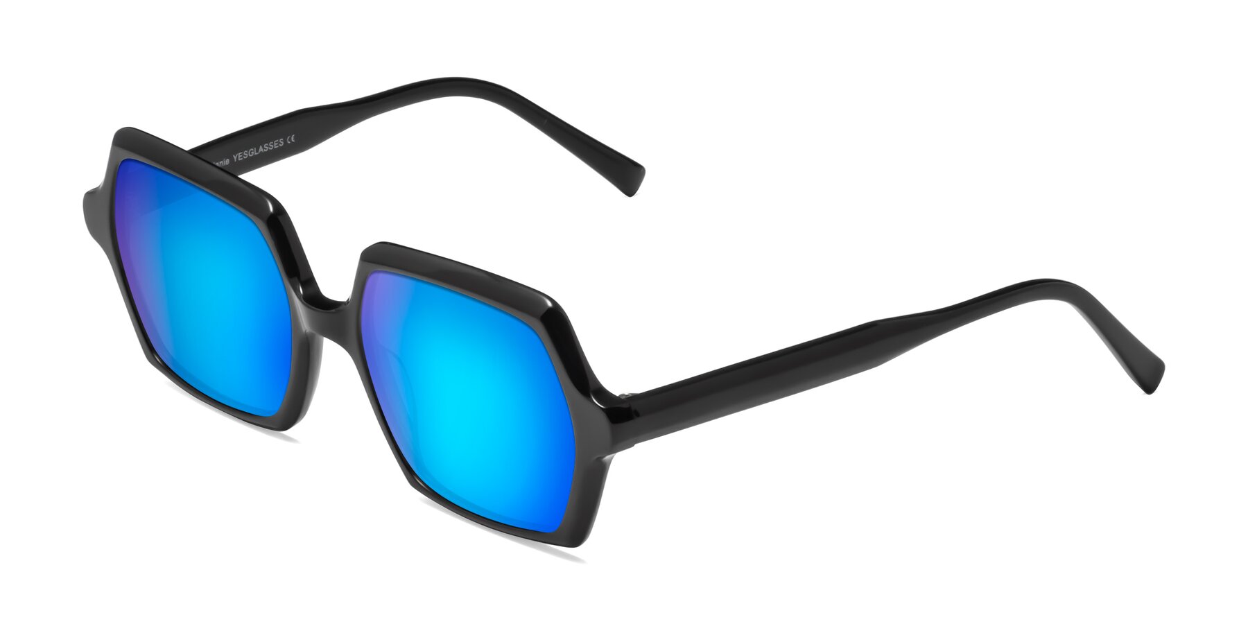 Angle of Melanie in Black with Blue Mirrored Lenses