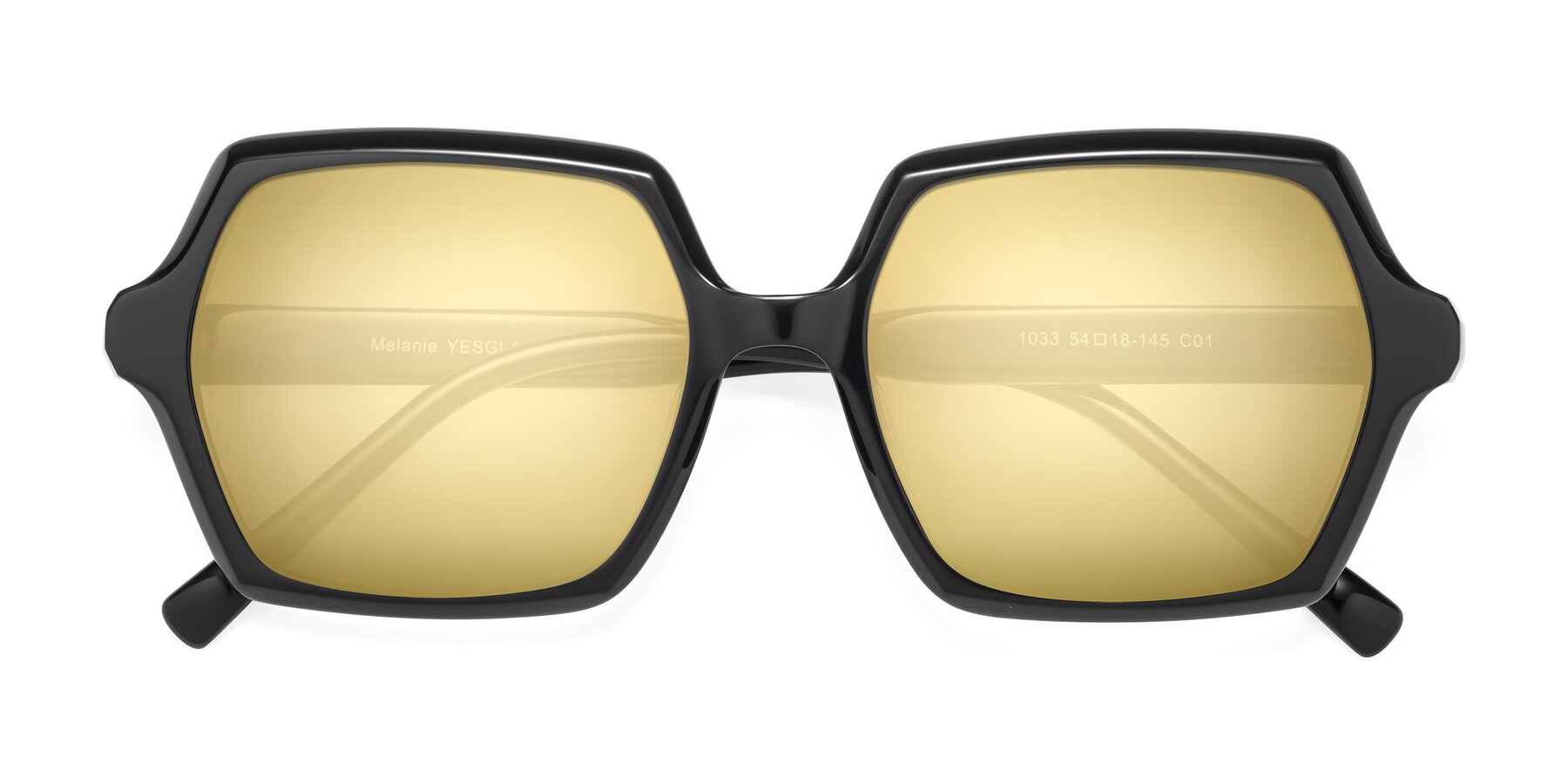 Folded Front of Melanie in Black with Gold Mirrored Lenses