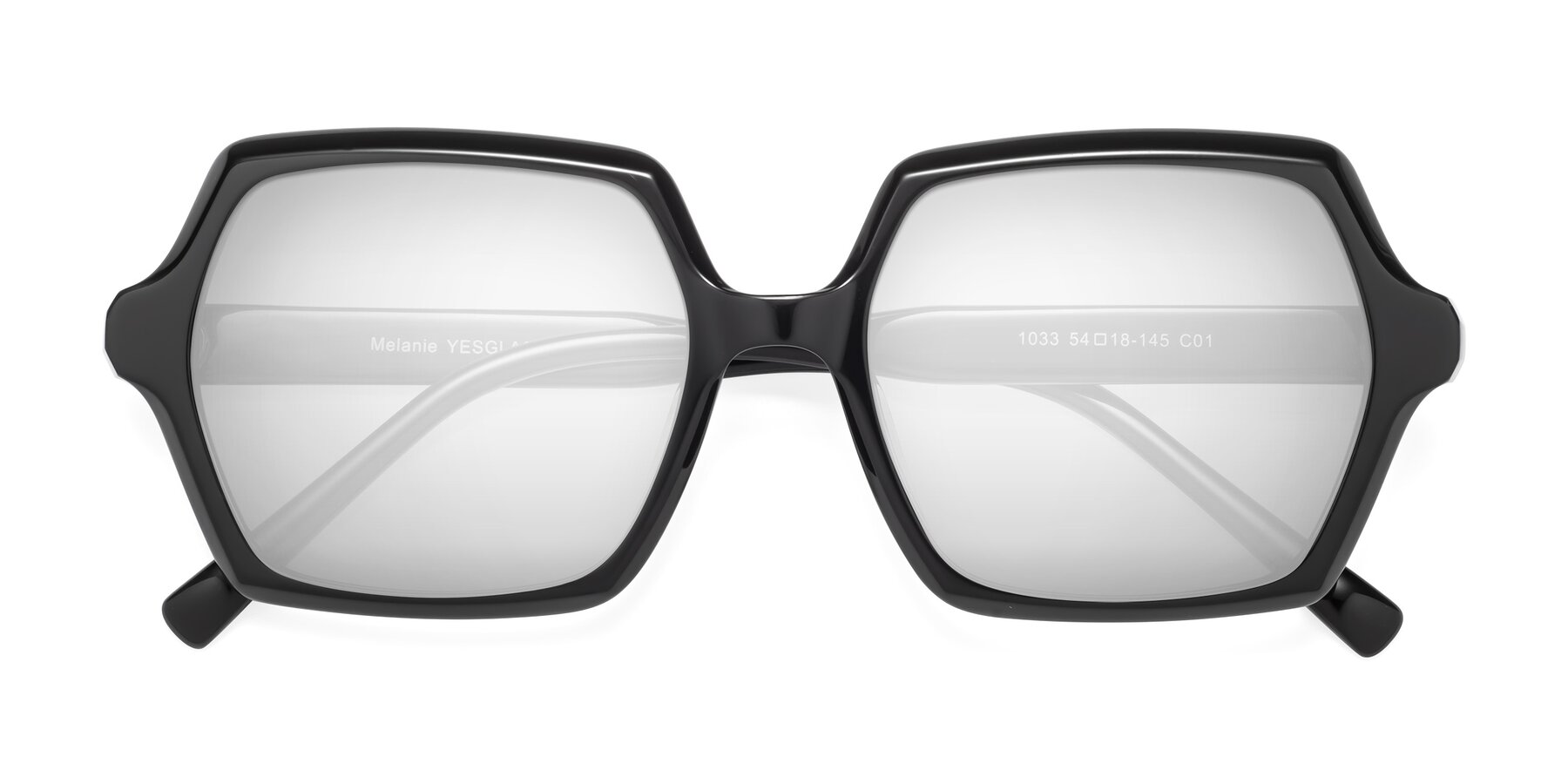 Folded Front of Melanie in Black with Silver Mirrored Lenses