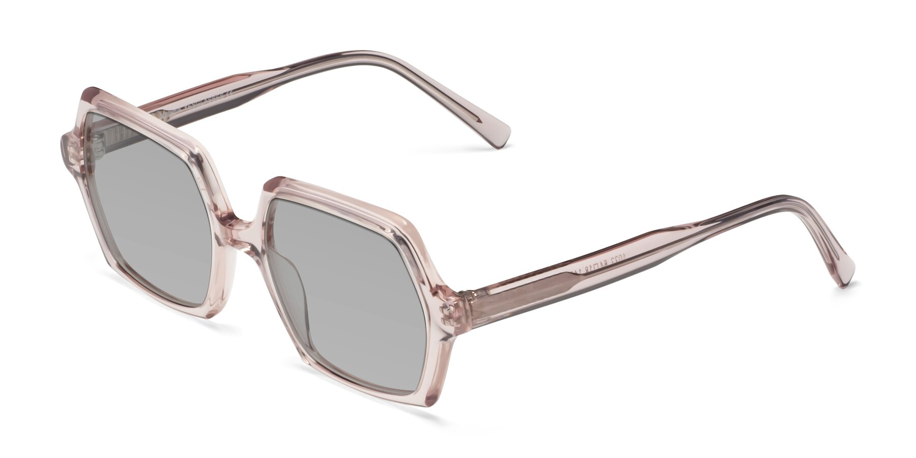 Angle of Melanie in Transparent Pink with Light Gray Tinted Lenses